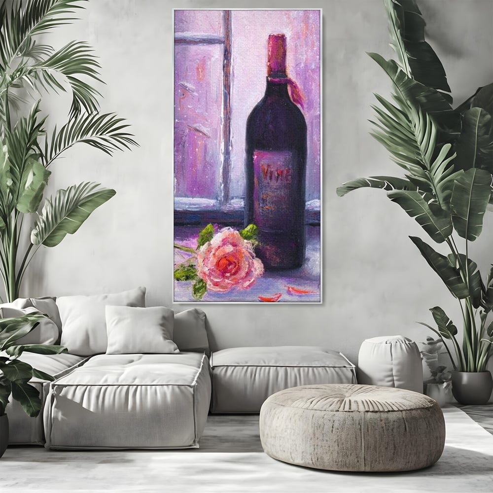 Tablou canvas cu tablou canvas cu sticla de vin si trandafir, in rama de aluminiu argintiu, pe perete intr-un living